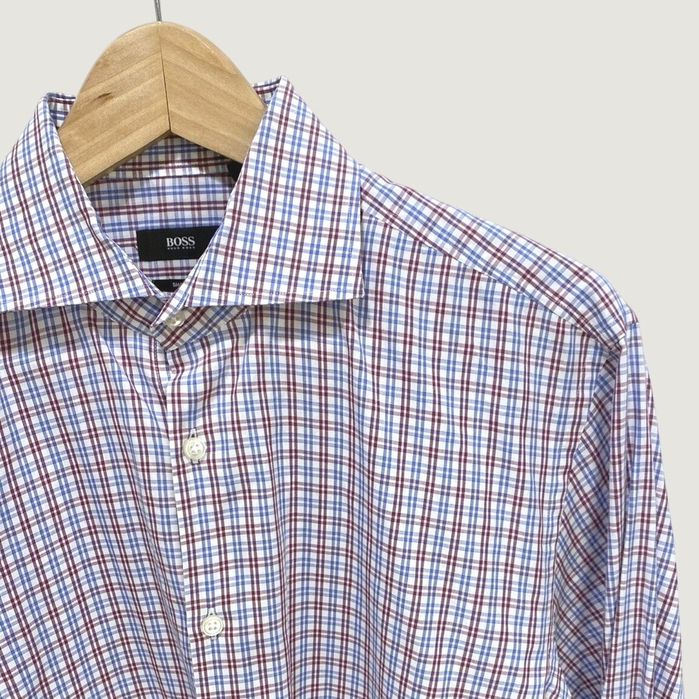 Hugo Boss Sharp Fit Mens Long Sleeve Plaid Button Down Shirt Blue Burgundy